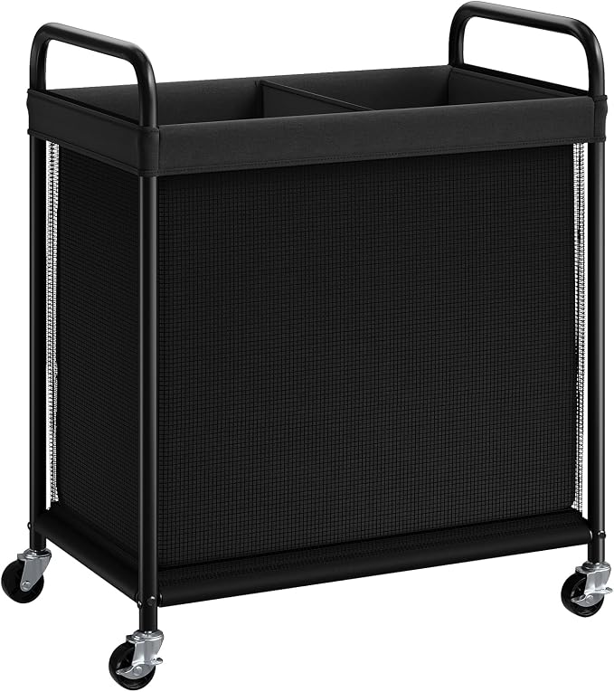 ELYKEN Laundry Hamper 2 Section, 100L Rolling Laundry Sorter with Wheels | Removable Washable Liner Bags, Sturdy Steel Frame and Metal Handle, Double Compartment Clothes Organizer for Laundry Sorting