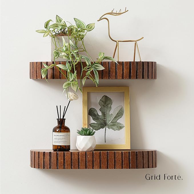 Wood Rounded Fluted Floating Shelf Set of 2, 16Wx5.5D Inch– Modern Display Shelf with Decorative Edge, Rustic Hanging Storage for Plants, Books, Photos & Home Décor