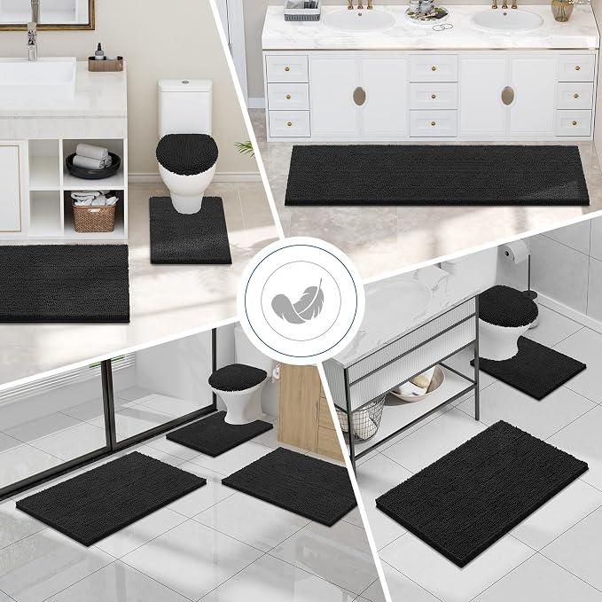 Smiry Bathroom Rugs 59X20, Luxury Chenille Extra Soft Absorbent Bath Mat | Black, Machine Washable Non-Slip Plush Bath Mats for Bathroom, Tub, Shower, and Floor, Home Decor