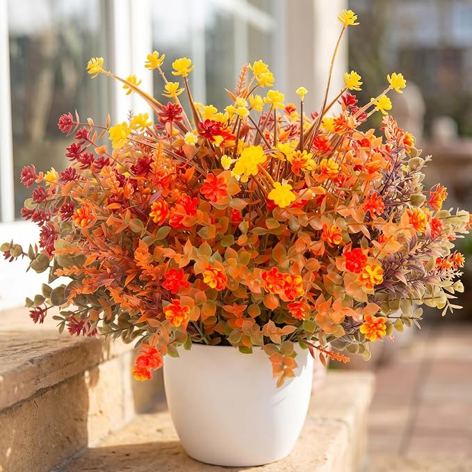 Hananona 48 Pcs Artificial Fall Flowers Outdoor, Faux Artificial Plants UV Resistant Plastic Autumn Flower for Hanging Planter Front Door Porch Window Home Decor (48, Orange)