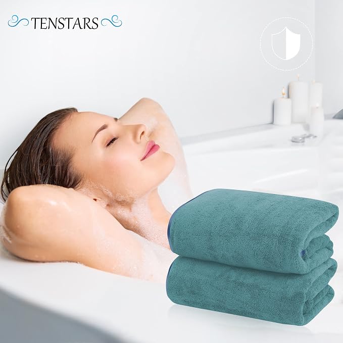TENSTARS Silk Hemming Bath Towels for Bathroom Clearance - 27 x 55 inches - Light Thin Quick Drying - Soft Microfiber Absorbent Towel for Bath Fitness, Sports, Yoga, Travel, Gym - 2 Pack, Teal