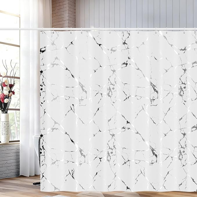 Premium White Marble Pattern Shower Curtain - Durable Water-Resistant Fabric Bath Curtain, 72x72 Inches with Rust-Proof Hooks, Stylish Decor for Nordic/Ins-Style Bathrooms