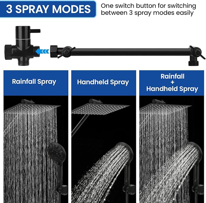 Shower Head, 8'' High Pressure Rainfall/Handheld Shower Combo, Matte Black | 9 Settings, Anti-leak Shower Head with 11'' Extension Arm, Holder, Hose, Height/Angle Adjustable Shower, 1.75GPM