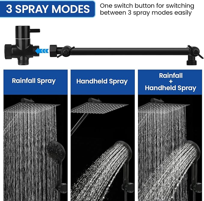 Shower Head, 12'' High Pressure Rainfall/Handheld Shower Combo, Matte Black | 9 Settings, Anti-leak Shower Head with 11'' Extension Arm, Holder, Hose, Height/Angle Adjustable Shower, 1.75GPM