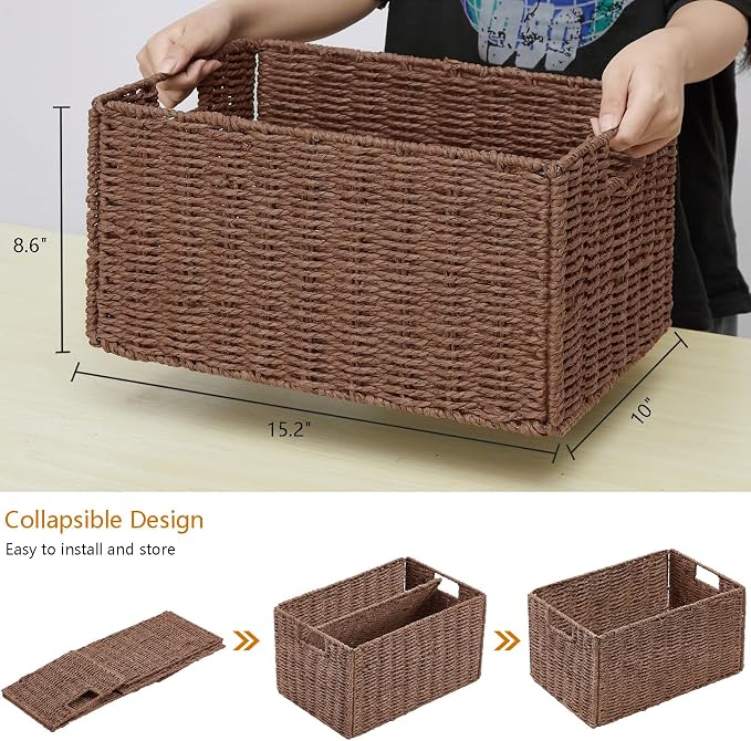 Large Wicker Storage Basket, Set of 2 Baskets for Organizing Brown | Hand-Woven Wicker Small Storage Baskets for Organizing Toilet Paper, Foldable Large Cube Storage Organizer Bins for Shelves