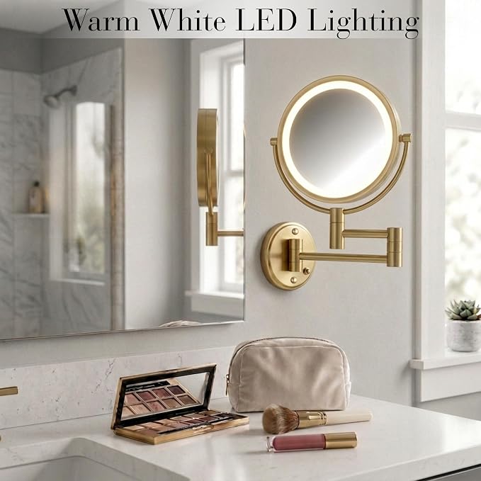 JERDON Hardwired Wall-Mount Makeup Mirror - 8X/1X - Gold - HL88BGLD | 8.5" Round Frame, 13.5" Wall Arm, LED Lighting, Direct Wire Installation
