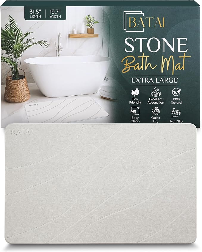 Extra Large Diatomaceous Earth Stone Bath Mat (31.5” x 19.7”) Beige XL | Fast Absorbent Shower Stone Bath Mat For Bathroom - Quick Dry, Easy Clean and Non-Slip Mat - Instant Drying Diatomite Bathmat