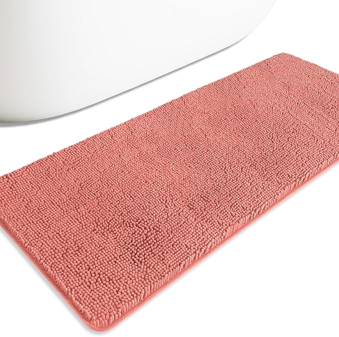 Bathroom Runner Rug 24 x 60 Inch – Extra Large Long Bath Mat | Absorbent and Washable Thick Chenille Bath Rug Non-Slip Runner Rug for Bathroom, Shower, Sink(Coral)