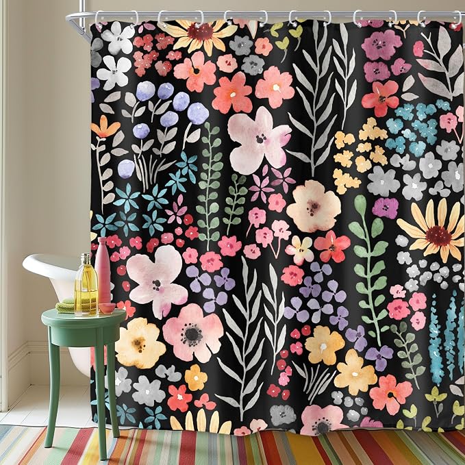 Black Dark Floral Flowers Watercolor Plants Art Bathroom Shower Curtain Set | 72"W x 72"H Leaves Botanical; waterproof HD print, quick-dry fabric with 12 hooks for easy hanging.