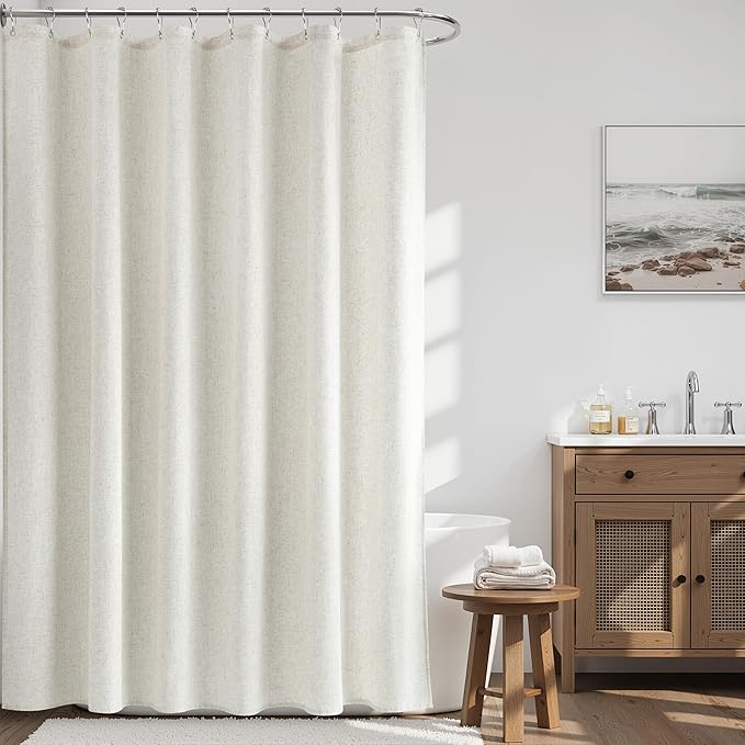 Neutral Extra Long Linen Shower Curtains 90 Inches Long for Bathroom Neutral Boho Farmhouse Water Repellent Vintage Country Style Rustic Decor Bath Drapes with Hooks Ivory Beige 72x90