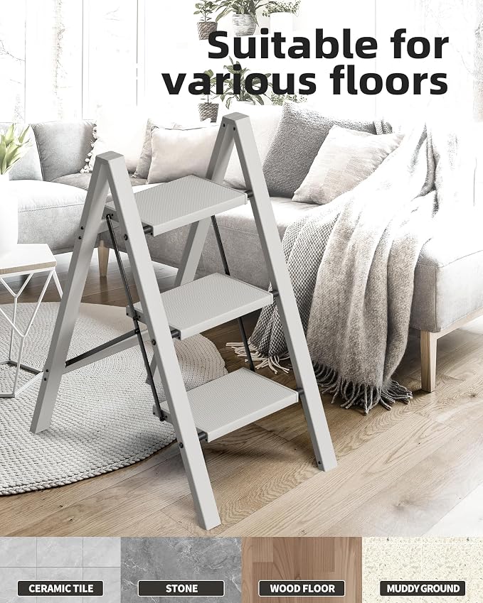 HillhutApex 3 Step Stool Foldable Ladder,Aluminum Step Ladder | Folding Lightweight Stable Stool with Wide Non-Slip Pedals, 330lbs Bearing Capacity Ladder for Office,Home,Kitchen-Grey