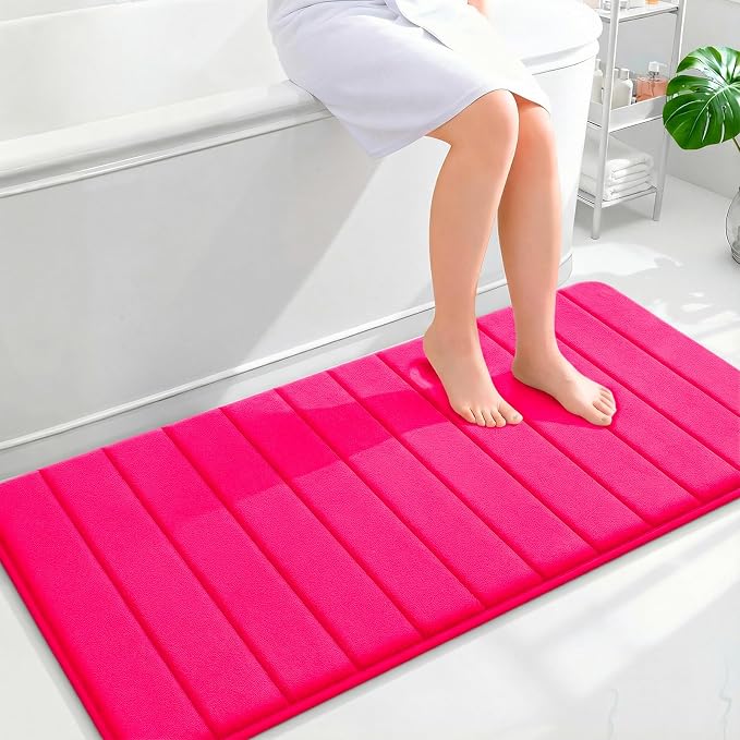 OLANLY Memory Foam Long Bathroom Rugs Runner 47x24, Super Soft Absorbent | Hot Pink, Quick Dry Bath Mat, Machine Washable Shower Floor Rugs, Bathmat Carpet for Bathroom Floor, Tub and Shower