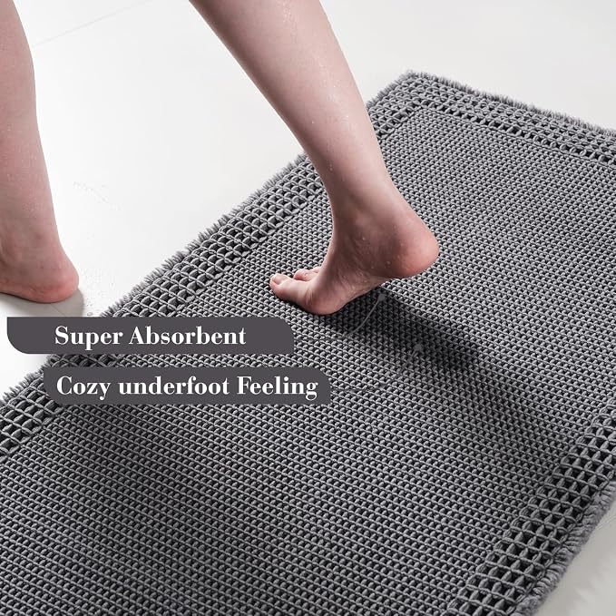 RESARE Waffle Bath Mat for Bathroom, Non Slip Bathroom Rugs 18x30 Dark Grey | Absorbent Boho Bathroom Floor Mats Machine Washable Quick Dry, Soft Solid Bath Rugs with Tassels, Ideal Farmhouse Home Decor