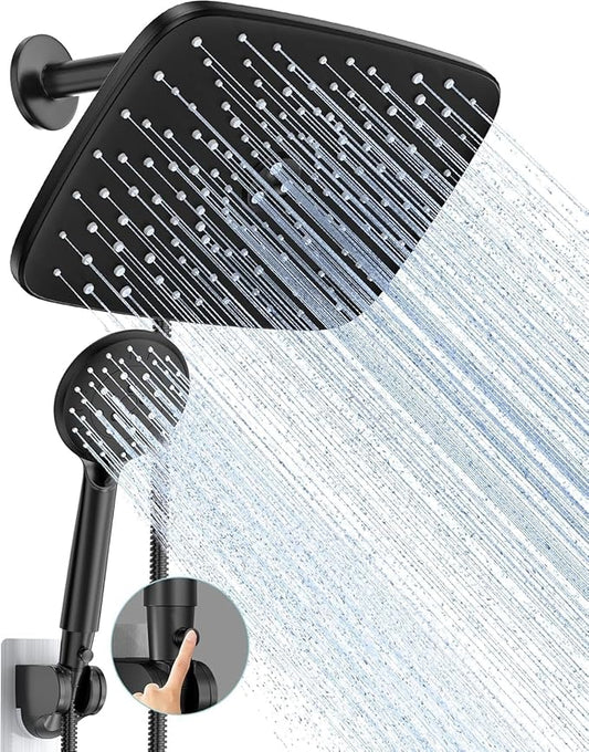 Veken 11.8“ Rain Shower Head with Handheld,Dual High Pressure Shower Heads | Easy Pause,5-mode Hand Held Spray with Hose,Wide Detachable Rainfall,Double Showerhead Combo,Bathroom Accessories,Matte Black
