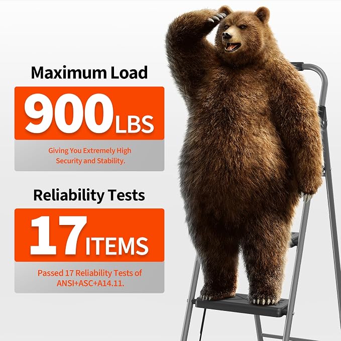 3-Step Ladder Folding Step Stool with Anti-Slip Wide Pedal & Soft Handle, Heavy Duty Steel Construction, 900 lbs Capacity for Home & Office, Grey