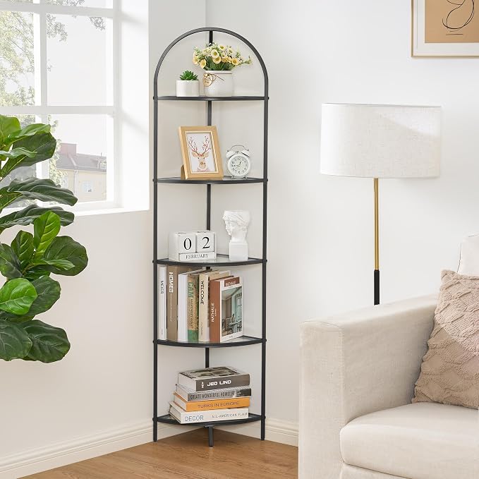 Homhedy 5-Tier Glass Corner Shelf Stand, Metal Corner Bookshelf | Display Shelf, Tempered Glass Shelves, Plant Stand, Storage Rack Shelf for Bedroom, Living Room, Home, Office, Black