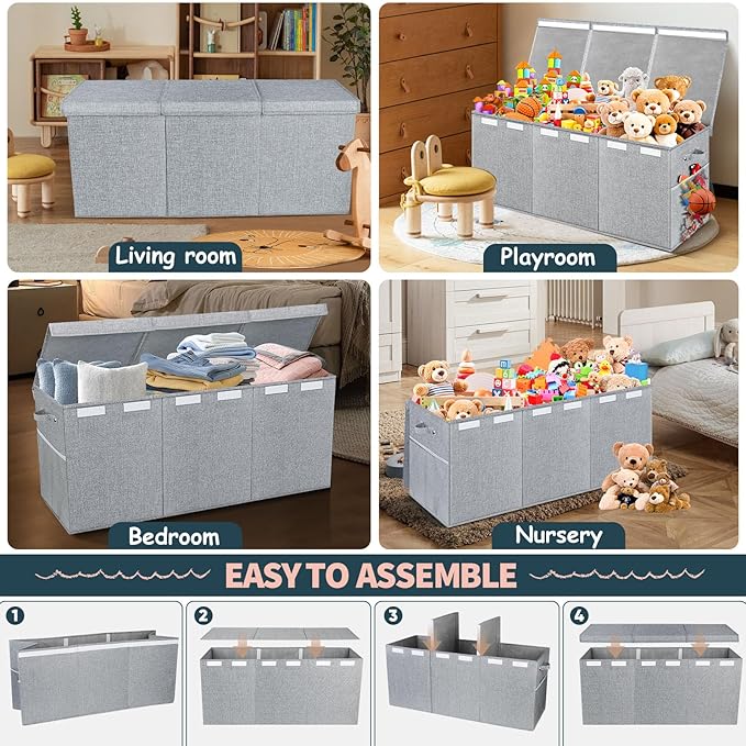 Extra Large Toy Box with Lids, Collapsible Storage Bin, 38"x16"x14",Gray | Sturdy Chest Basket with Dividers for Boys & Girls, Bedroom Nursery Playroom Organization