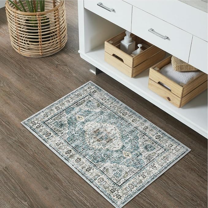Uphome Blue Bathroom Rugs, Distressed Farmhouse Boho Bath Mat, Comfy Velvet Small Bath Rugs Non Slip Washable, Vintage Oriental Toilet Rug for Sink Shower Vanity, 18x26 inch