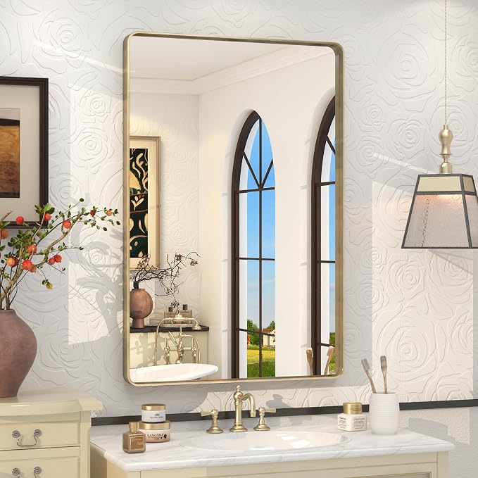 24x36 Inch Gold Framed Bathroom Mirror for Wall | Brushed Gold Metal Frame, Rounded Rectangle Vanity Mirror, Anti-Rust, Shatterproof, Hangs Horizontally or Vertically