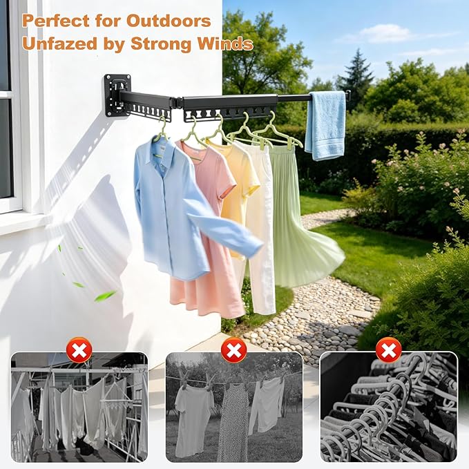Wall Mounted Clothes Drying Rack Foldable & Space-Saving with 4 Hangers | Windproof Aluminum Laundry Drying Rack Clothing, Retractable Drying Racks for Laundry Room Balcony Bathroom, Indoor/Outdoor