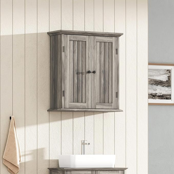 ChooChoo Bathroom Wall Cabinet with 2 Doors, Over The Toilet, Farmhouse | 8.8"D x 21.1"W x 24"H, Medicine Cabinet, Adjustable Shelves, Cupboard, Retro Grey