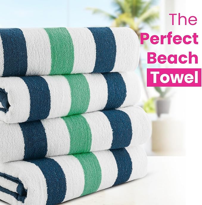 CASA COPENHAGEN Monaco Beach Towels Designed in Denmark Rough and Tough, Quick Dry, for Pool, Bath & Shower 30x60 inches 4 Pieces Cotton Beach Bath Towels Set - Teal Blue