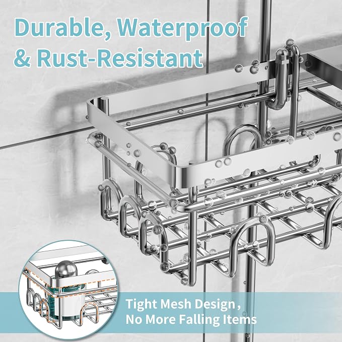 KEGII Hanging Shower Caddy for Handheld Showerheads, Silver | Rustproof Over Showerhead Organizer with Soap Dish, Toothbrush Holder and Hooks for Bathroom Shower Storage