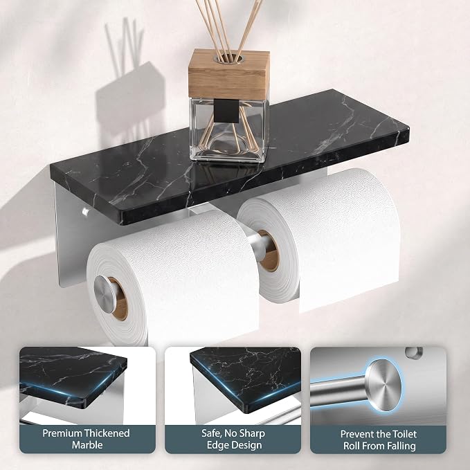 FORIOUS Toilet Paper Holder with Shelf, Commercial Toilet Paper Dispensers | Brushed Nickel | Wall Mount Bathroom Tissue Holder | SUS304 Stainless Steel Rustproof | Double Tissue Roll Holder