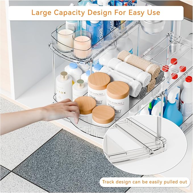 2 Pack 13.8″ Deep 2 Tier Under Sink Storage Organizer,Large Pull Out Bathroom Organizers and Storage,Slide Out Acrylic Undersink Storage Shelf,Kitchen Under Sink Organizer for Cleaning Products