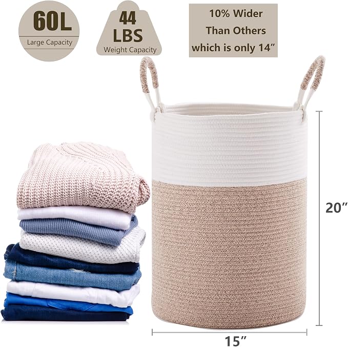 60L Hamper Laundry Basket Tall Woven Rope Clothes Hamper Brown | Baby Girls Nursery Kids Blanket Basket in Living Room Bathroom Bedroom 15Dx20H Inches Large