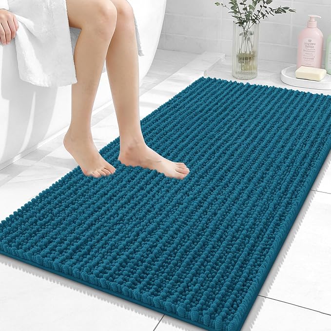 OLANLY Bathroom Rugs 44x24, Thick Soft Absorbent Chenille Bath Rugs | Peacock Blue, Shaggy Bath Mat with Quick-Drying Rubber Backing, Washable for Floor, Tub and Shower, Home Decor Accessories