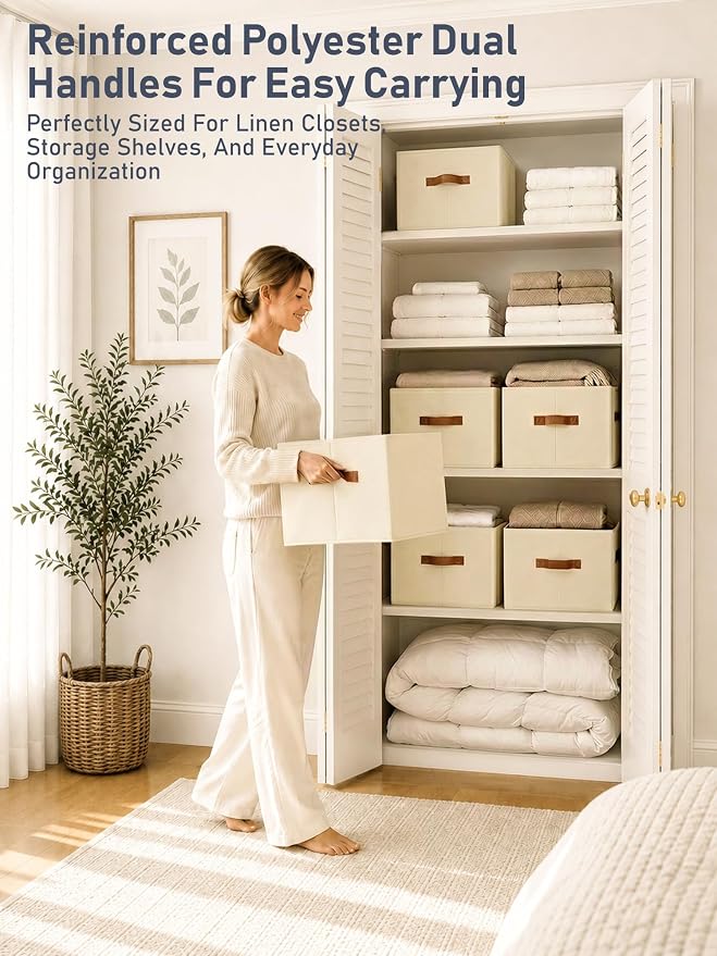 4 Pack Large Closet Storage Baskets Bins for Shelves, Collapsible Fabric Closet Organizers and Storage with Polyester Handles, Decorative Baskets for Organizing Clothes, Towels, Linen Closet 14"x10"