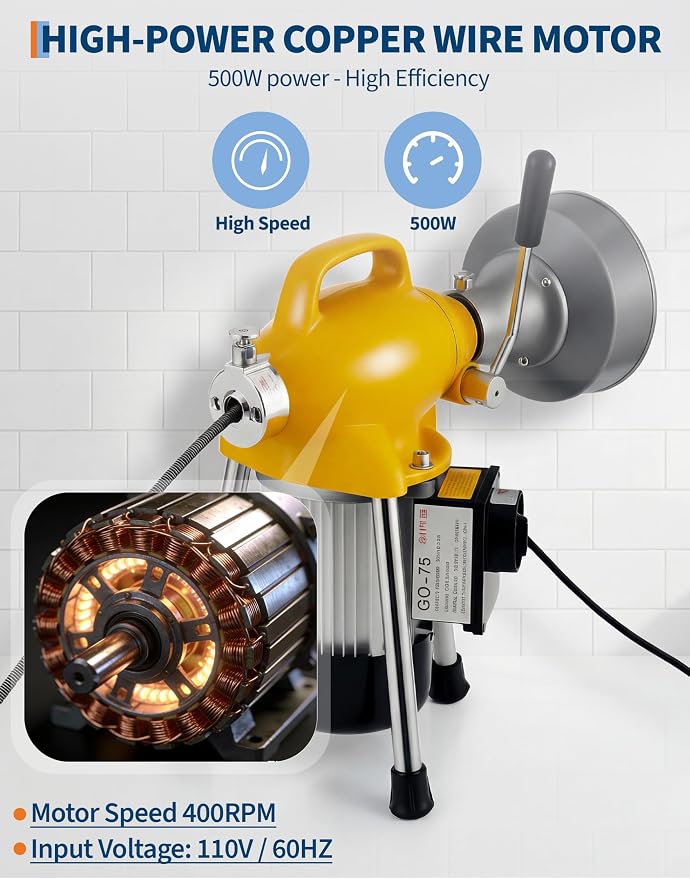 500W 400 RPM Auto Feed Electric Drain Cleaner Machine (66FT x 5/8" + 16FT x 3/8", Yellow and Sliver) | Portable Drain Cleaning Auger Sewer Snake with 66 ft x 5/8" & 16 ft x 3/5" Steel Cables & 6 Cutters, for 1.6"-4" Pipes