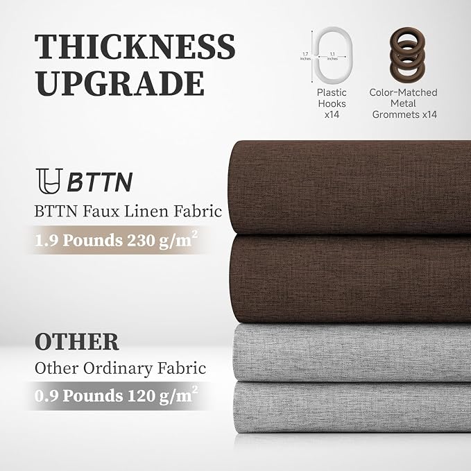 84x72 Wide Linen Textured Waterproof Thick Cloth Shower Curtain, Brown | Wide Size, 230GSM Polyester, Heavy Duty Fabric, Weighted Hem, 14 Plastic Hooks, Modern Luxury Hotel Style, Machine Washable
