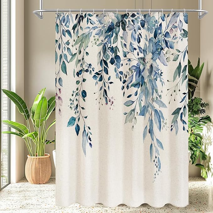 Blue Linen Eucalyptus Shower Curtain, Watercolor Floral, 36x72 | Watercolor Plant Leaves Floral Print, Polyester Linen Blend Bathroom Decor, Machine Washable, Rustproof Grommets