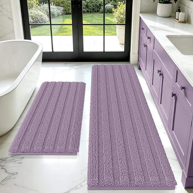 Striped Lavender Bathroom Rug Mat Set 2 piece 32"x20"+60"x20" Ultra Soft, Non Slip Chenille Bath Rugs, Absorbent Plush Shaggy Bath Mats for Bathroom, Bedroom, Kitchen, Shower, Tub