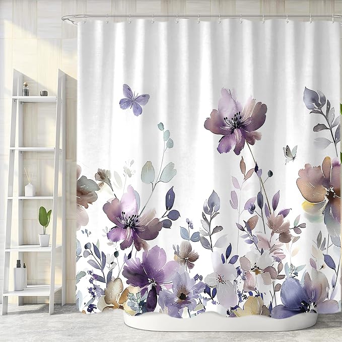 Sanzugh Purple Floral Shower Curtain, Cute Boho Watercolor Flower Wildflower Leaves Butterfly White Fabric Shower Curtains Set for Bathroom Decorative with Hooks 72 X 72 inch Spring Bath Decor