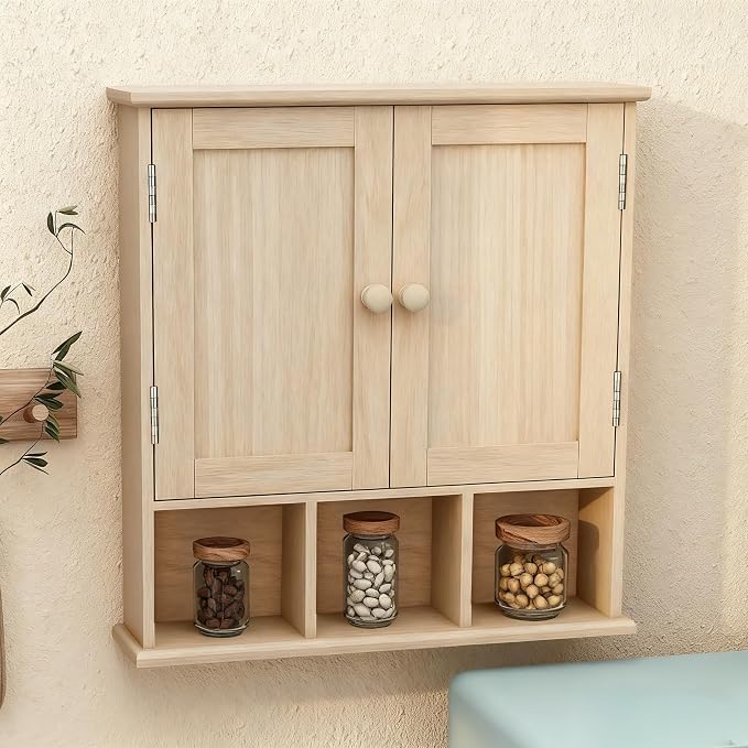 TaoHFE Natural Wooden Color Bathroom Wall Cabinet with 2 Door | Adjustable Shelves Over The Toilet Storage Wall Mounted Medicine Cabinets for Bathroom Laundry Room Kitchen