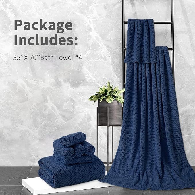 Bath Towel Set 4 Piece Oversized Bath Sheet 35"x70”Extra Large Bath Towel Soft Fluffy Microfibers Towel Set for Bathroom Hotel Highly Absorbent Quick Dry Bathroom Towel,600GSM Luxury Shower Towel Navy