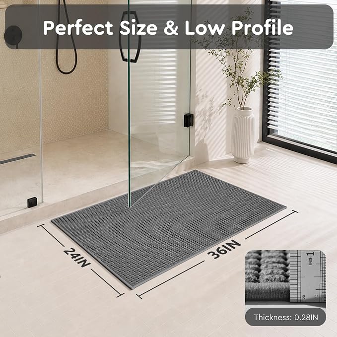tchdio Bath Mat, Absorbent Bathroom Mat Quick Dry, Thin Bathroom Rugs Fit Under Door, Non Slip Washable Bath Rugs with Solid Rubber Backing, Low Profile Bath Mats for Bathroom, Grey, 24" x 36"