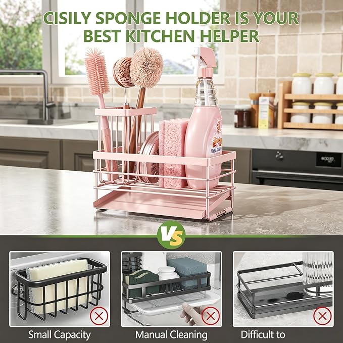 Cisily Pink Sink Caddy Sponge Holder for Kitchen with Brush Holder and Stainless Steel Self Drain Tray, Rustproof Kitchen Sink Organizer for Sponge, Soap Dispenser Storage Accessories