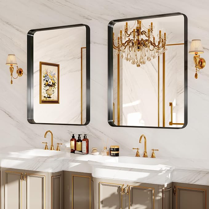 Black Bathroom Mirrors for Over Sink,24X36 Inch Matte Metal Framed | Vanity Rounded Rectangle Vanity Mirror, HD Tempered Glass, Anti-Rust, Horizontally or Vertically Hanging