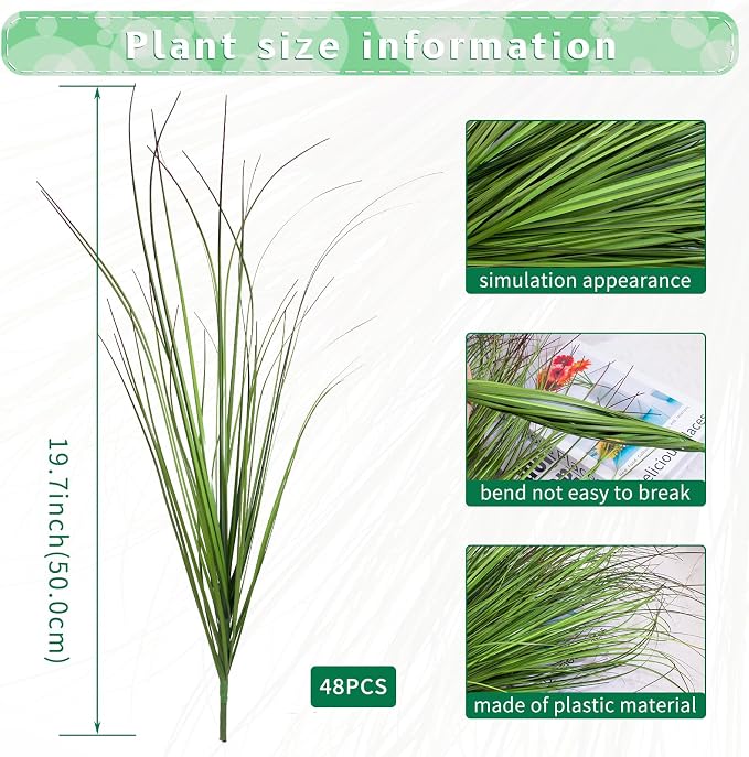 48Pcs Artificial Grass Plants Outdoor Faux Shrubs Wheat Grass Green Onion Grass Artificial Greenery Tall Stems for Indoor Outdoor Office Home Decor（Green Red Tail）