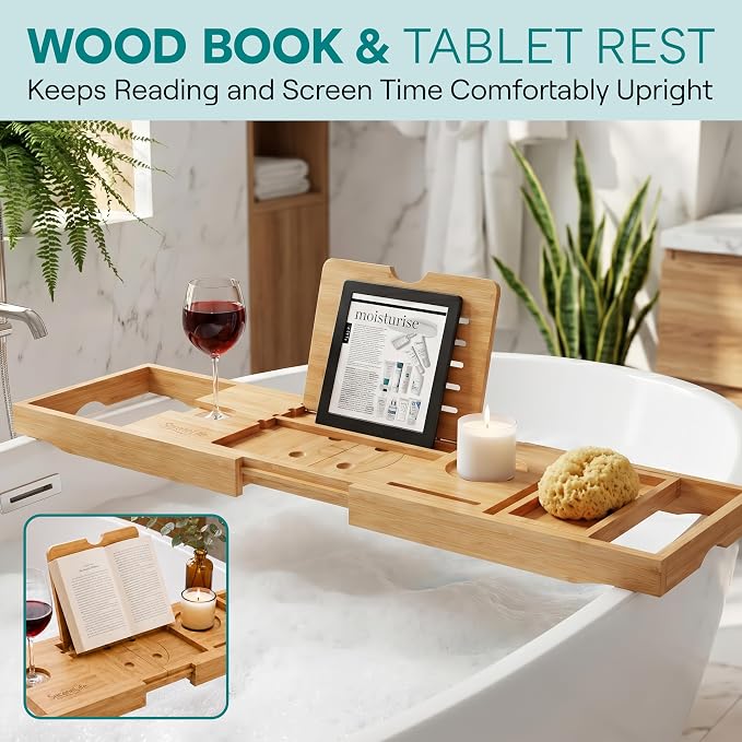 SereneLife 2 in 1 Bed and Bath Tray - Foldable Bamboo Bathtub Caddy with Adjustable Length, Non-Slip, Device Holder, Wine Glass Slot, Expandable for Comfortable Bathing, Natural, Folding Set