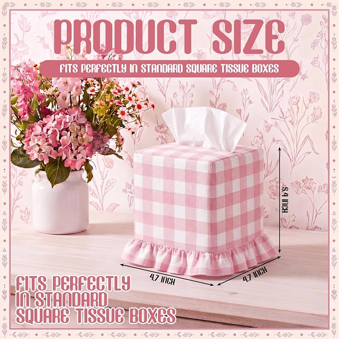 Pink Gingham Tissue Box with Ruffled Cover Cottagecore Handmade Decorative Gingham Napkin Holder for Home Bedroom Living Room Bathroom Vanity Countertop Car Office Kitchen