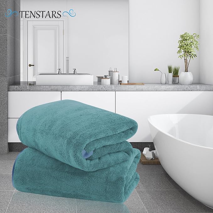 TENSTARS Silk Hemming Bath Towels for Bathroom Clearance - 27 x 55 inches - Light Thin Quick Drying - Soft Microfiber Absorbent Towel for Bath Fitness, Sports, Yoga, Travel, Gym - 2 Pack, Teal