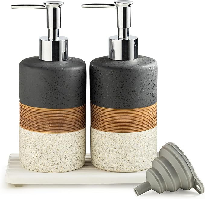Ceramic Dish Soap Dispensers Set of 2 for Kitchen and Bathroom | Hand Soap and Lotion Dispenser Set, Shampoo and Conditioner Bottles | with Stainless Steel Pump, Silicone Funnel, Tray, Black