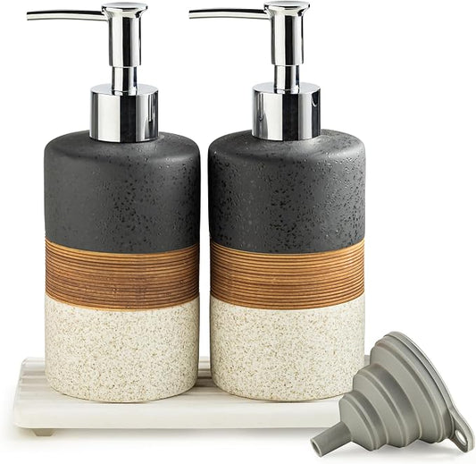 Ceramic Dish Soap Dispensers Set of 2 for Kitchen and Bathroom | Hand Soap and Lotion Dispenser Set, Shampoo and Conditioner Bottles | with Stainless Steel Pump, Silicone Funnel, Tray, Black