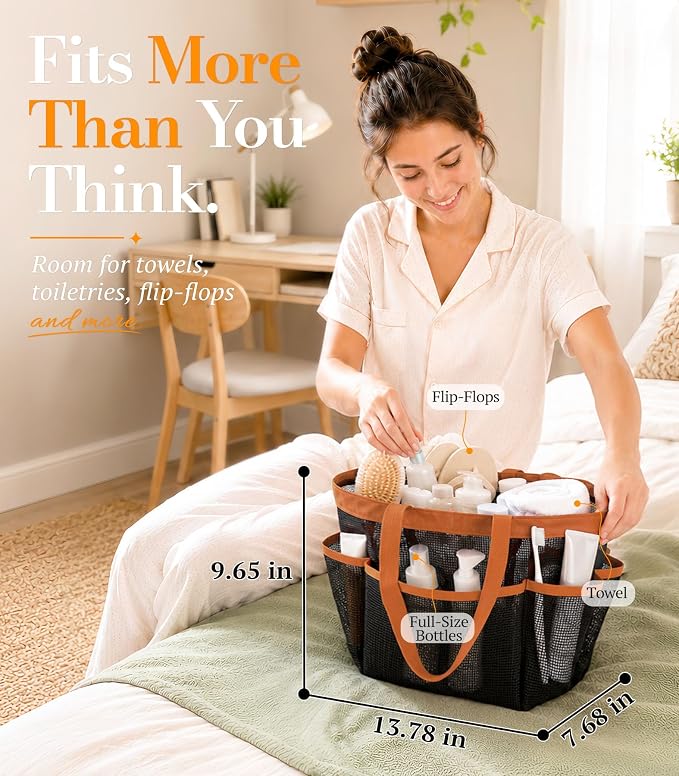 Mesh Shower Caddy for College Dorm Essentials, Large 9-Pocket Shower Basket | Quick Drain;Stays Upright;600D Oxford;Easy Carry;Multi-Use