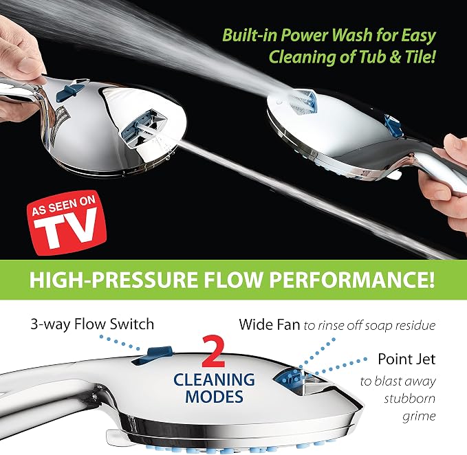 AquaCare 8-mode High Pressure Handheld Shower Head with 2-mode Power Wash | Stay Clean Nozzles, Dual Power Wash for Tub, Tile & Pets, Long 6 ft. Stainless Steel Hose, Wall & Overhead Brackets / Chrome